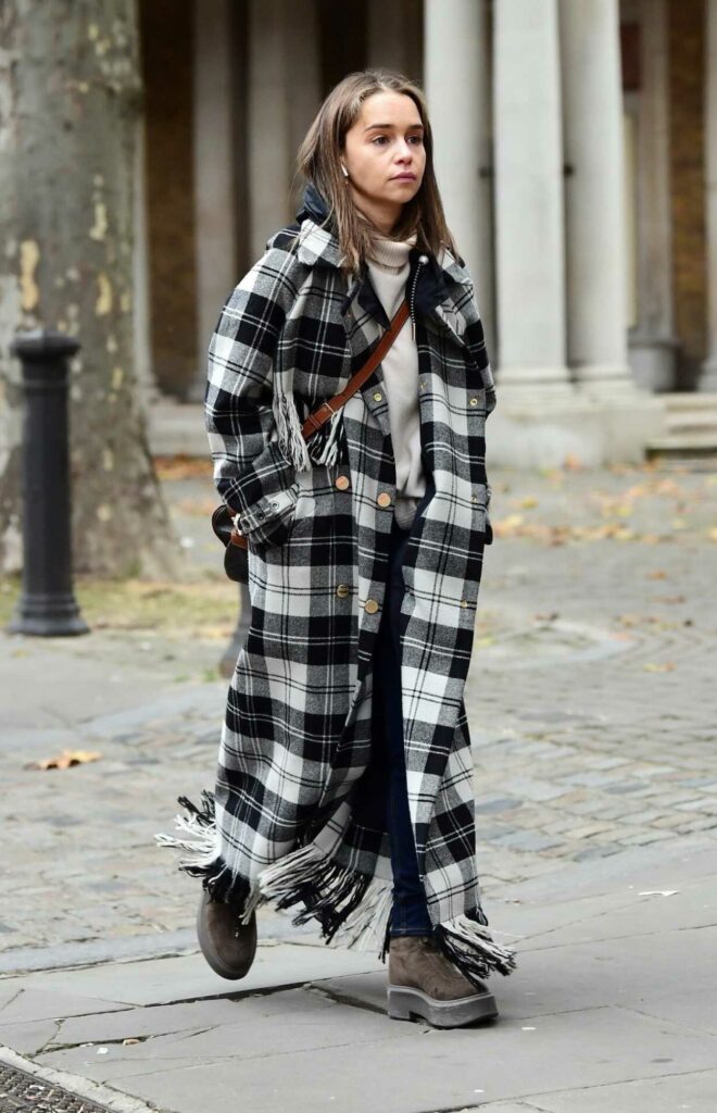 Emilia Clarke in a Plaid Coat