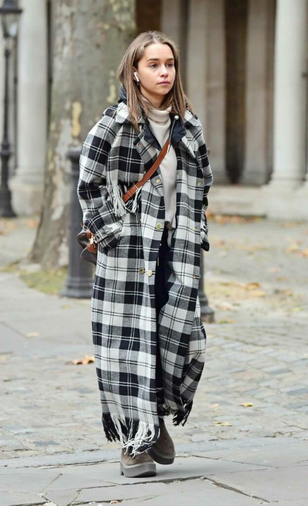 Emilia Clarke in a Plaid Coat