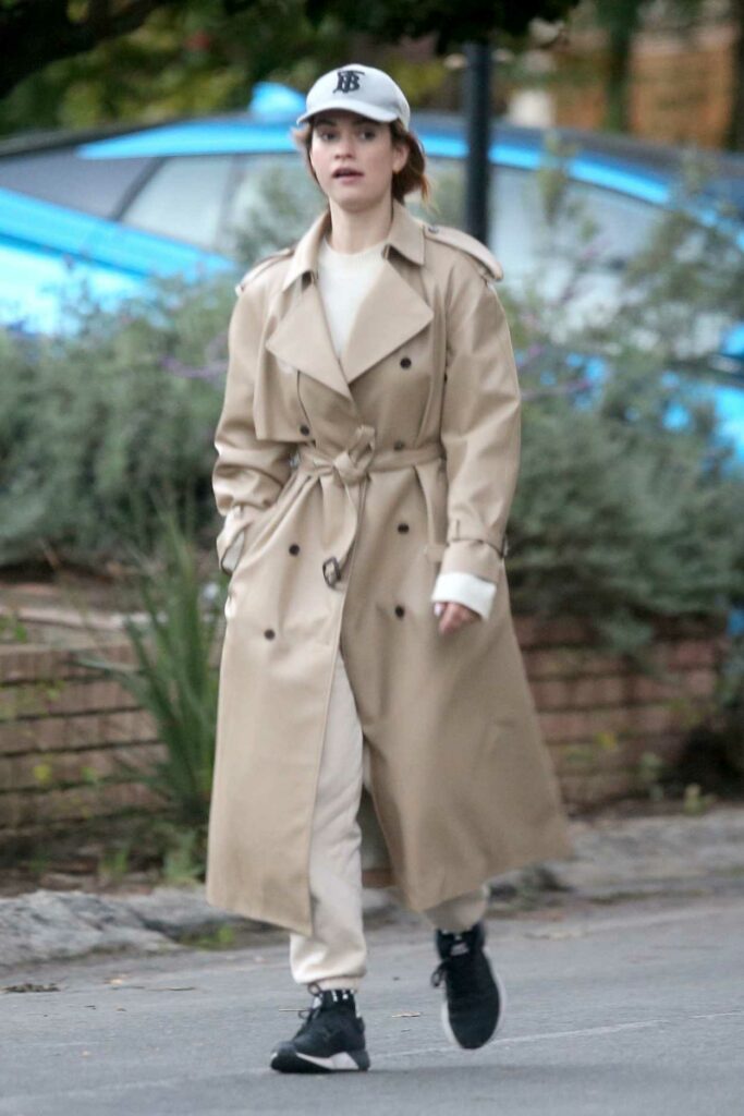 Lily James in a Beige Coat
