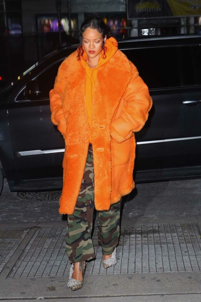 Rihanna in an Orange Sheepskin Coat