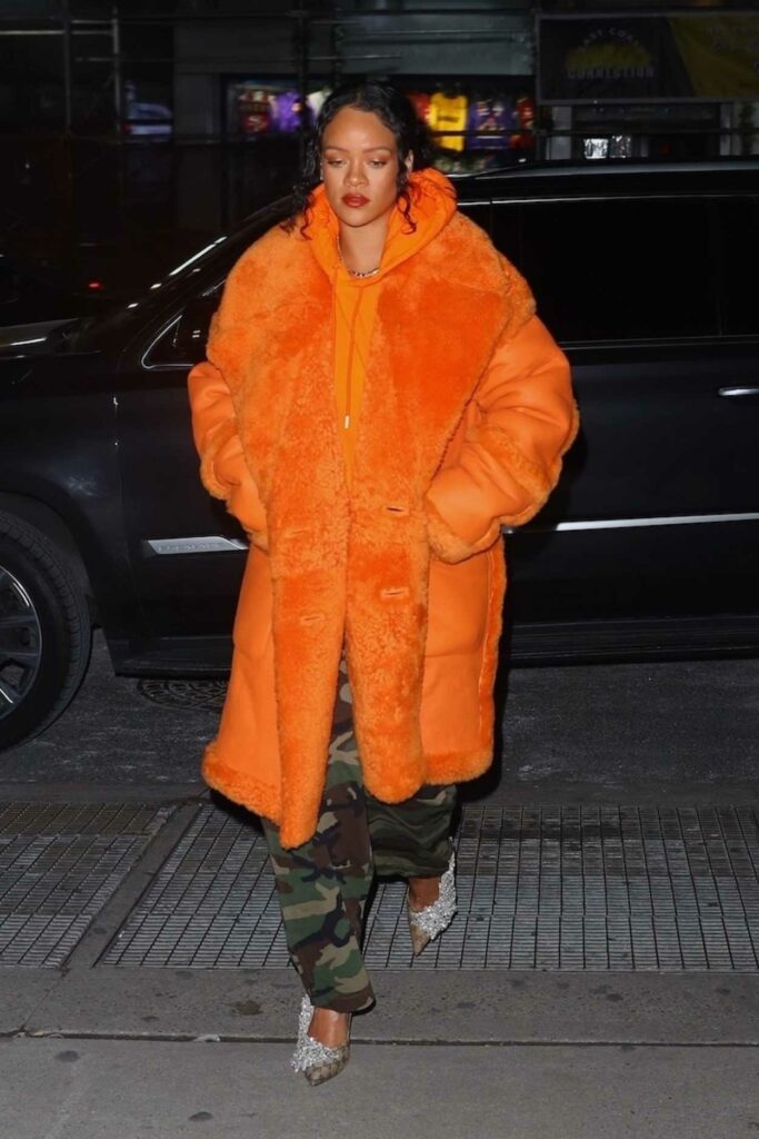 Rihanna in an Orange Sheepskin Coat