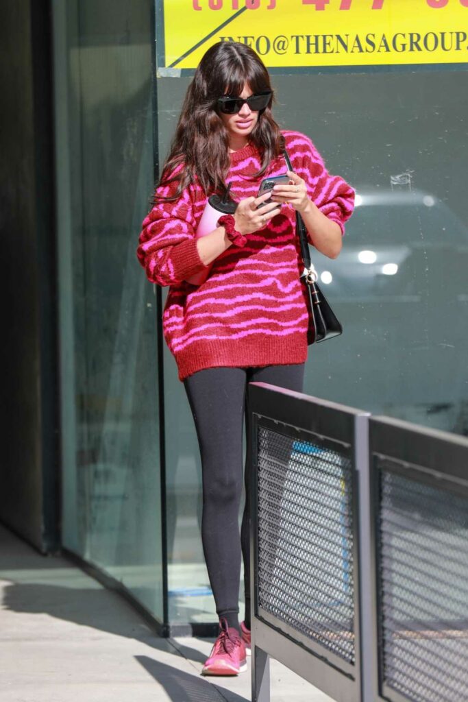 Sara Sampaio in a Pink Animal Print Sweater