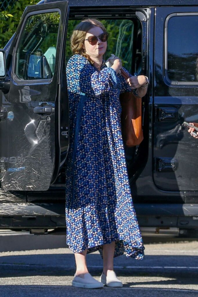Amy Adams in a Blue Patterned Dress