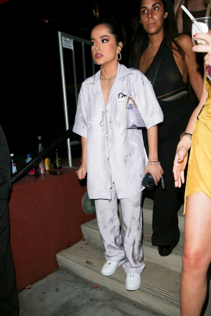 Becky G in a Grey Floral Pantsuit