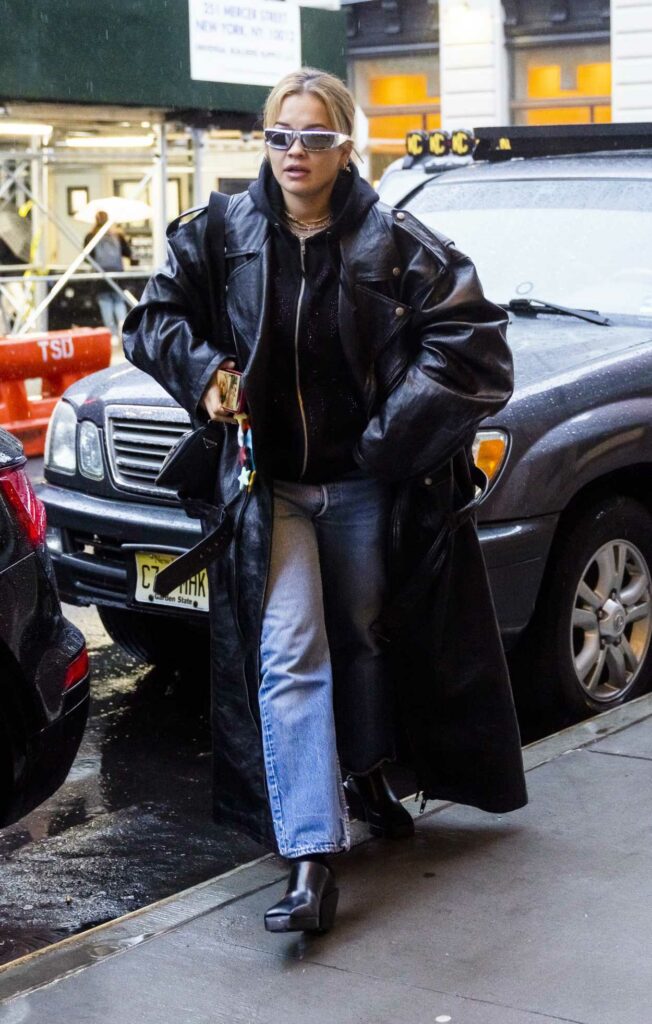 Rita Ora in a Black Leather Coat