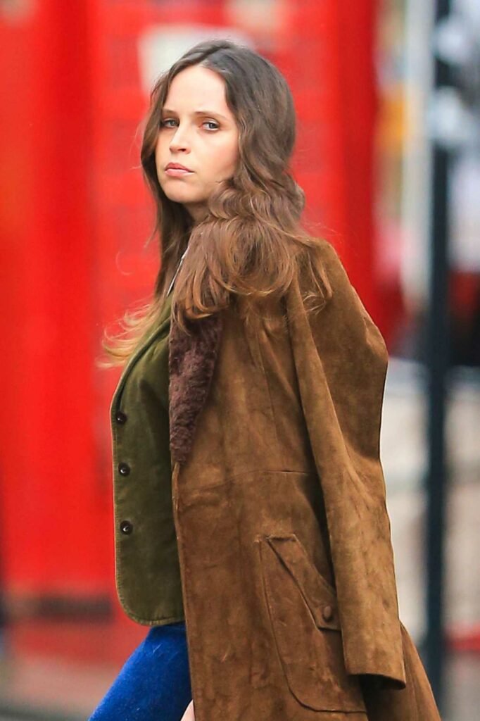 Felicity Jones in a Tan Leather Coat