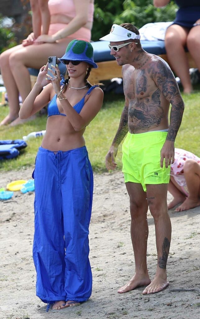 Hailey Bieber in a Blue Bikini