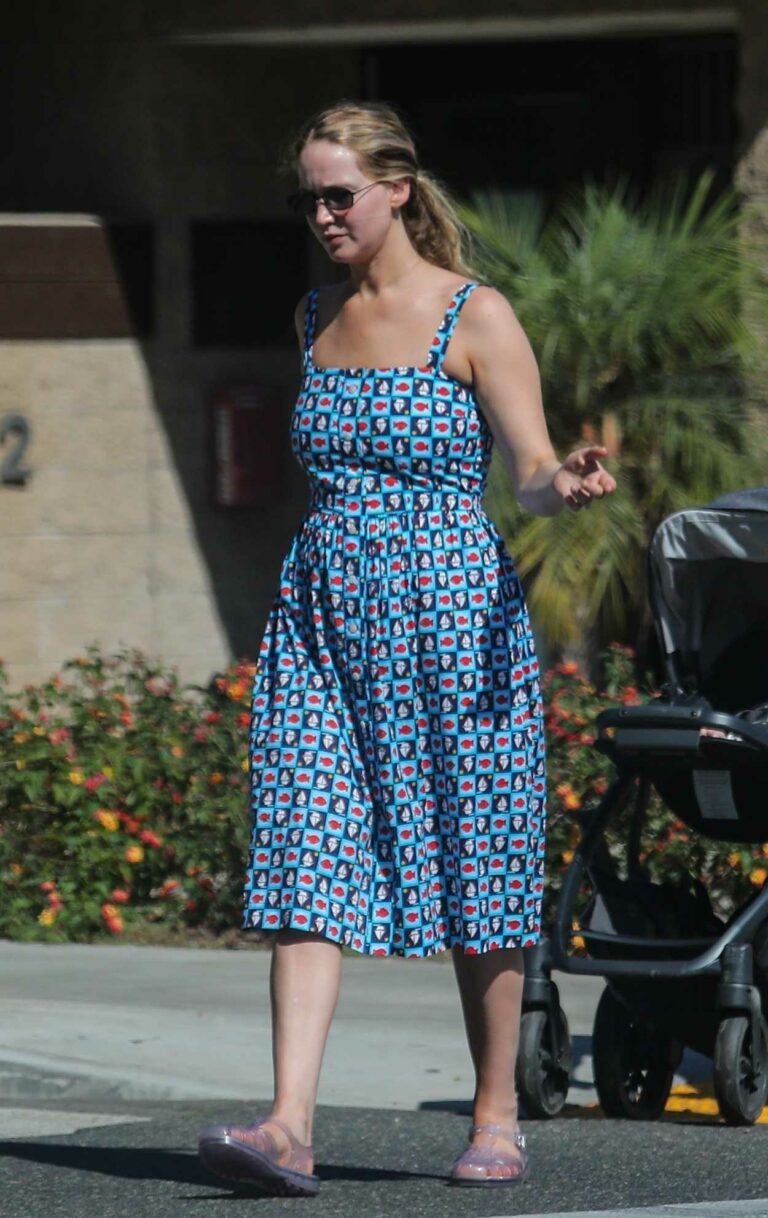 Jennifer Lawrence in a Blue Patterned Sundress Arrives at Coldwater