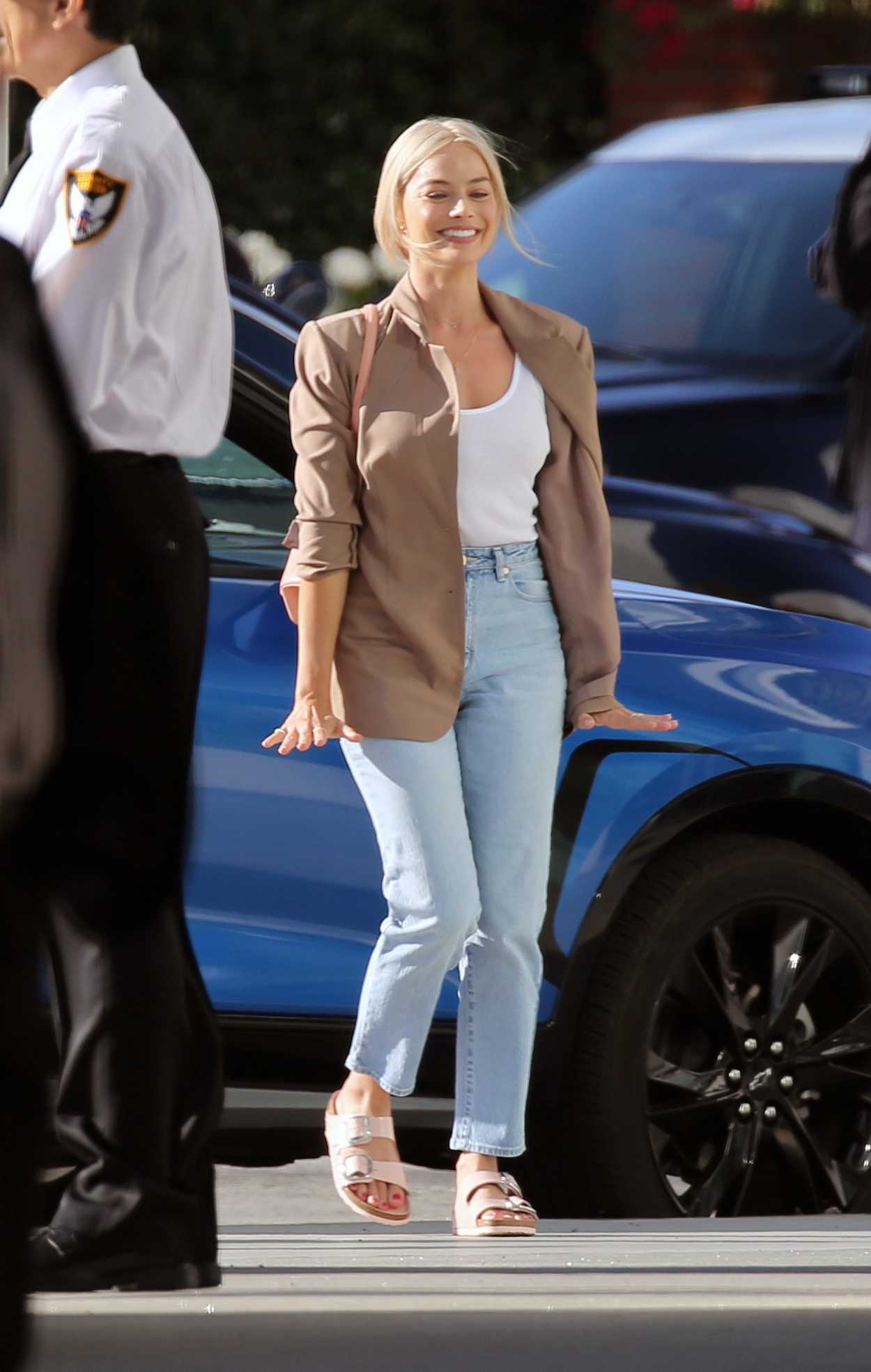Margot Robbie in a Caramel Coloured Blazer on the Set of Barbie in Los ...