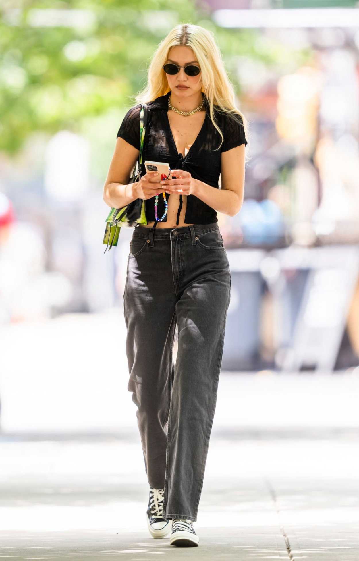 Gigi Hadid in a Black Midriff-Baring Blouse Was Seen Out in New York ...
