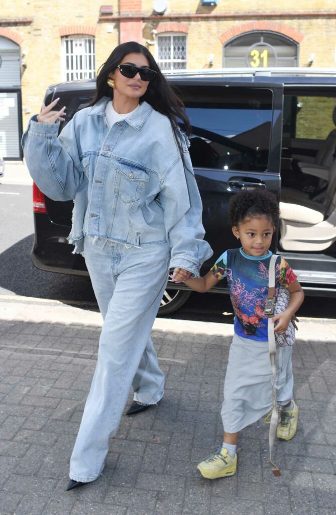 Kylie Jenner in a Blue Denim Pantsuit