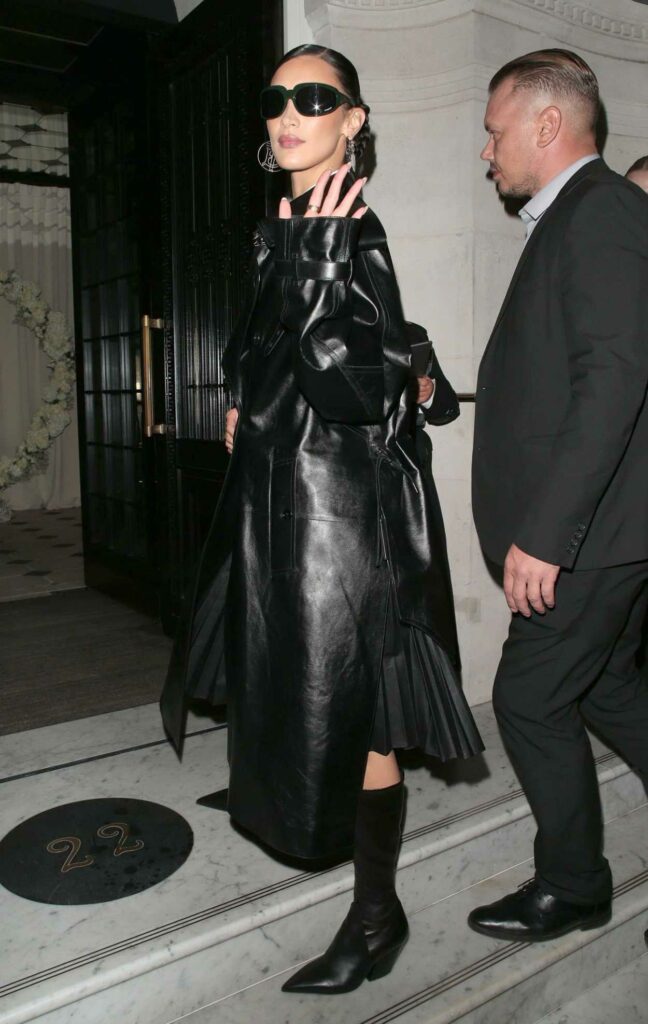 Bella Hadid in a Black Leather Coat
