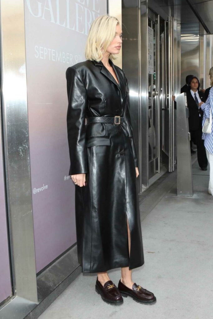 Elsa Hosk in a Black Leather Coat