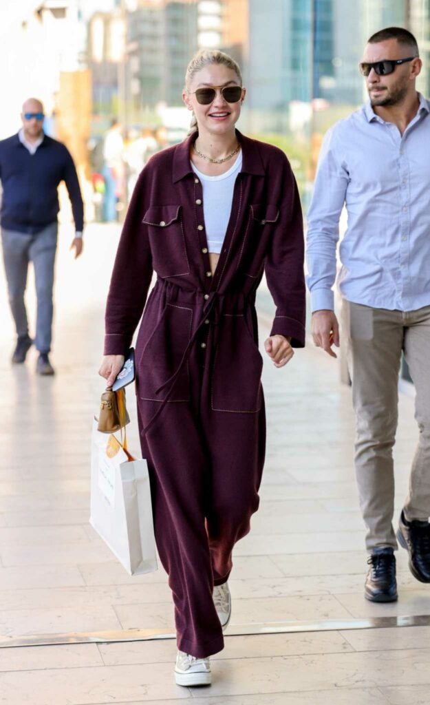 Gigi Hadid in a Burgundy Jumpsuit