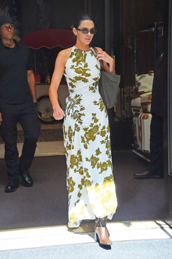 Kendall Jenner in a Floral White and Green Dress