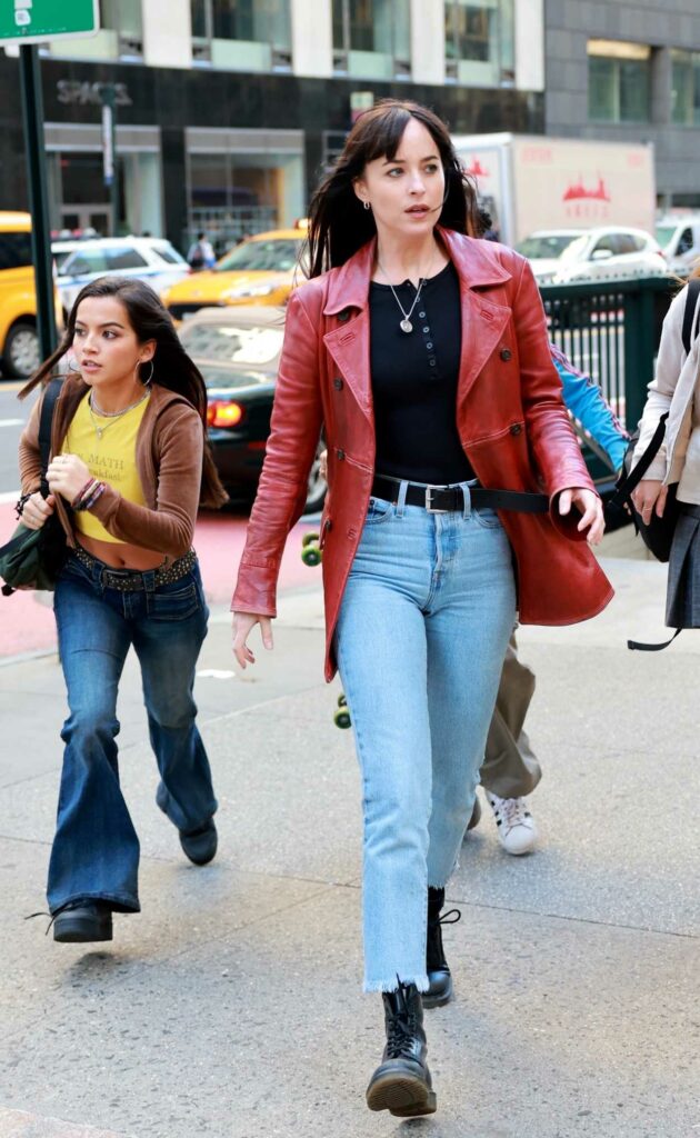 Dakota Johnson in a Red Leather Blazer