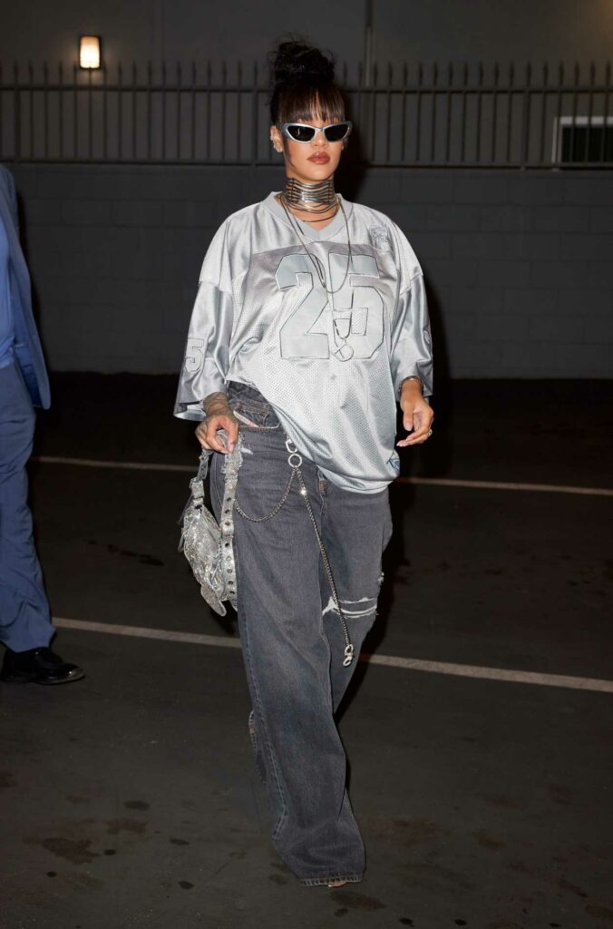 Rihanna in a Silver Oversized T-Shirt