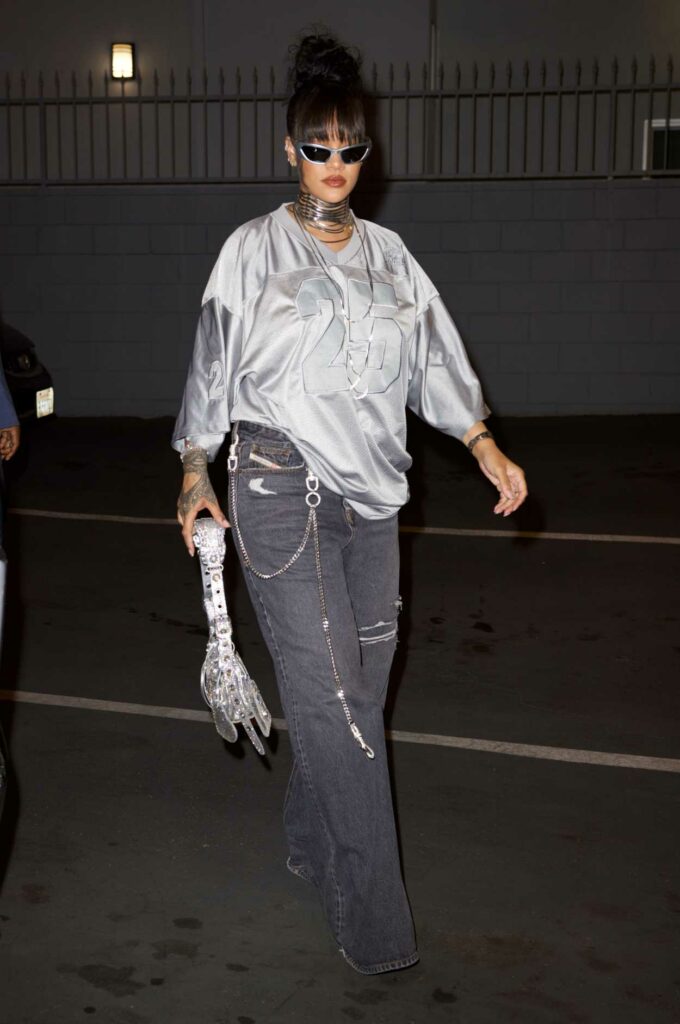 Rihanna in a Silver Oversized T-Shirt