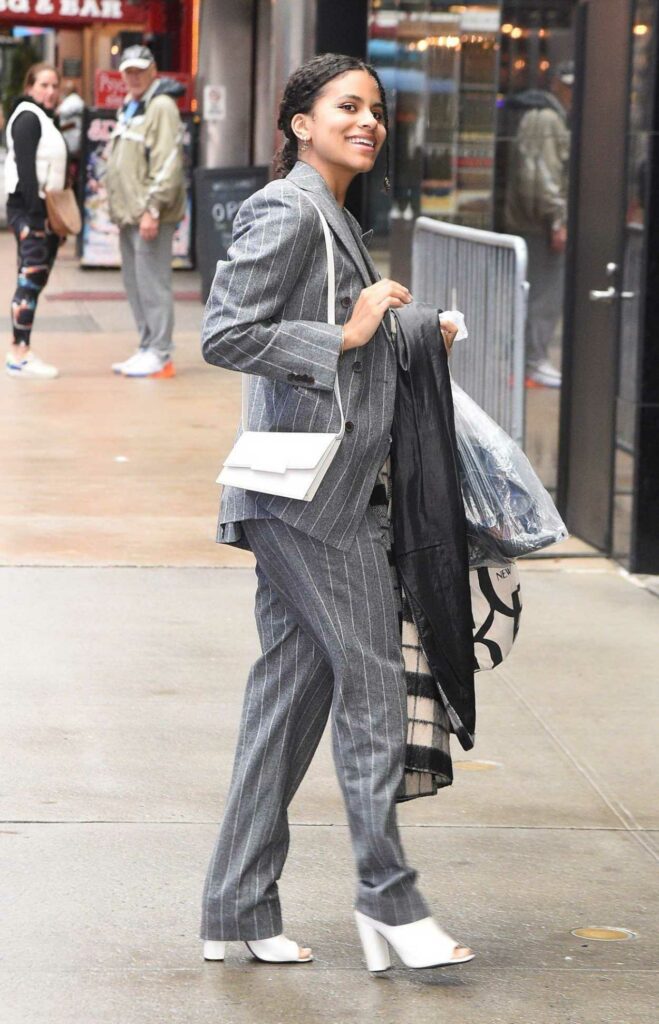 Zazie Beetz in a Grey Striped Pantsuit