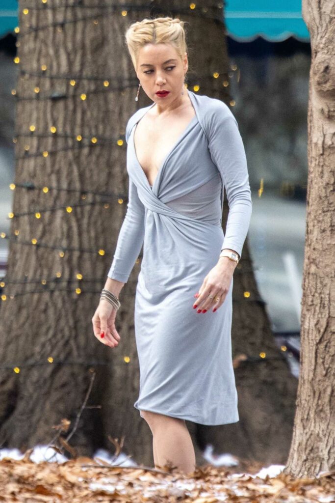 Aubrey Plaza in a Grey Dress