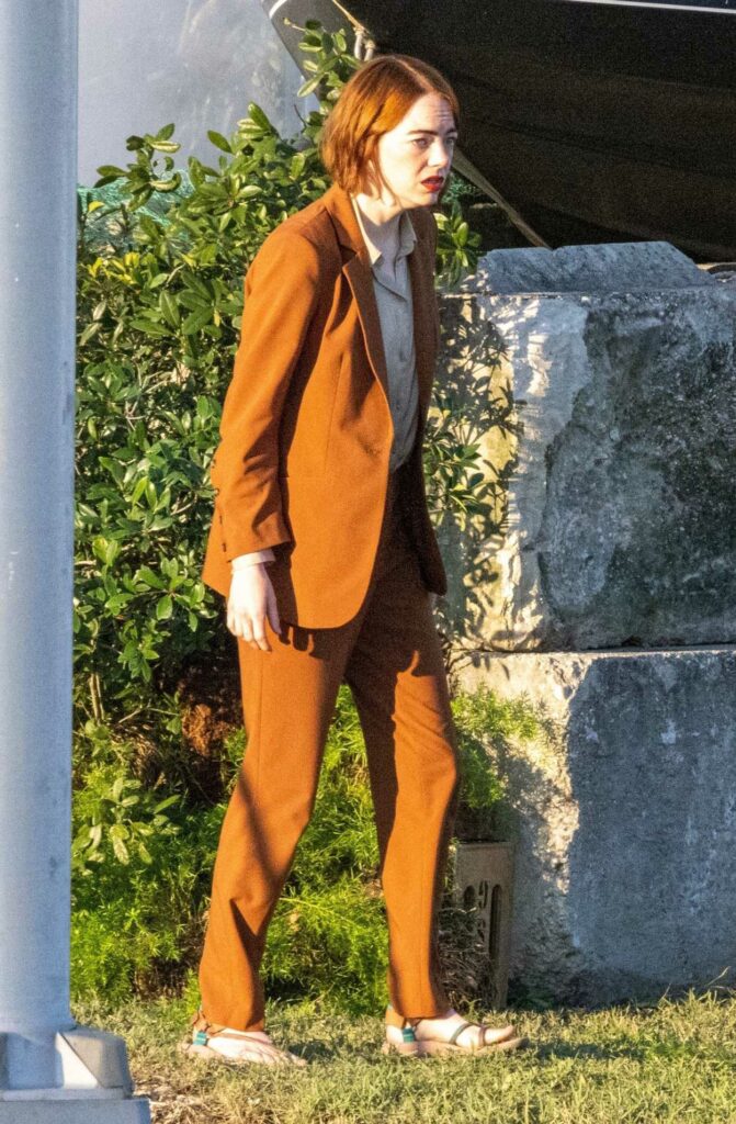 Emma Stone in a Tan Pantsuit