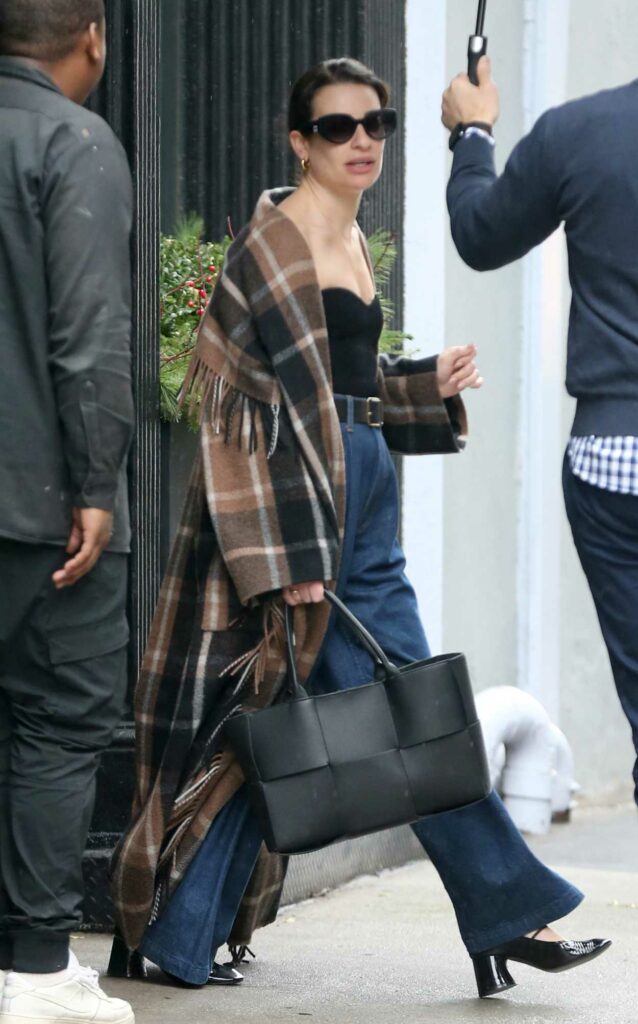 Lea Michele in a Plaid Cardigan