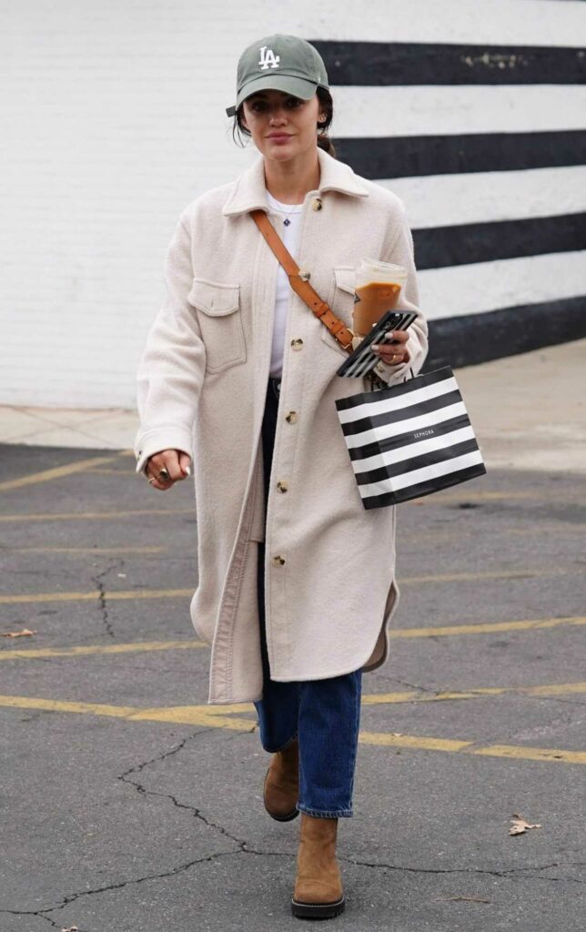 Lucy Hale in a Beige Coat