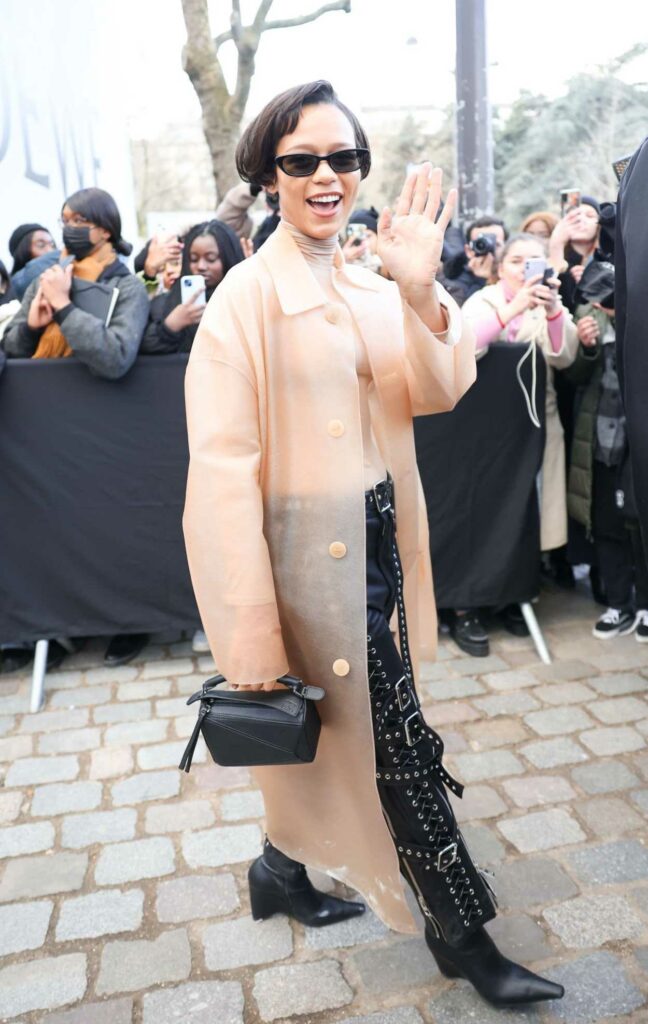 Taylor Russell in a Beige See-Through Turtleneck