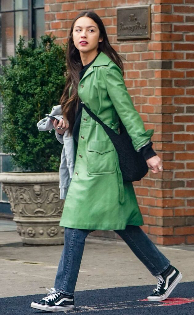 Olivia Rodrigo in a Green Leather Trench Coat