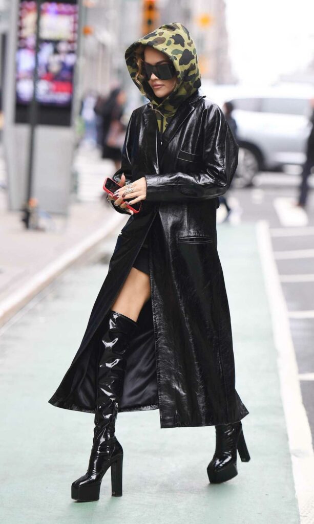 Rita Ora in a Black Leather Trench Coat