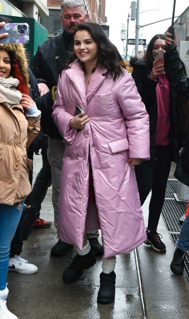 Selena Gomez in a Lilac Puffer Coat