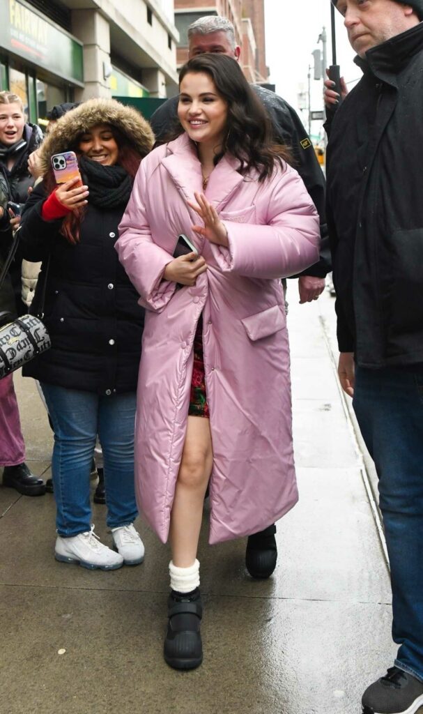 Selena Gomez in a Lilac Puffer Coat