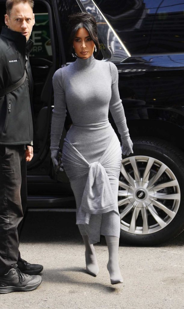 Kim Kardashian in a Grey Body-Hugging Dress