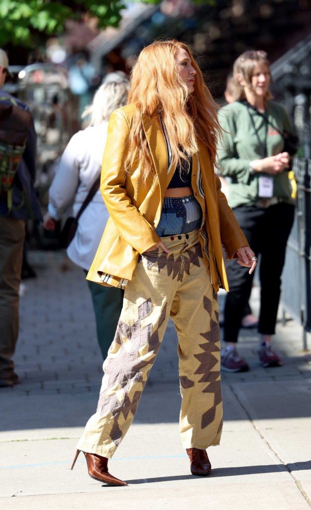 Blake Lively in a Yellow Leather Blazer
