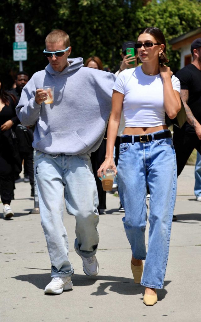 Hailey Bieber in a White Cropped Tee