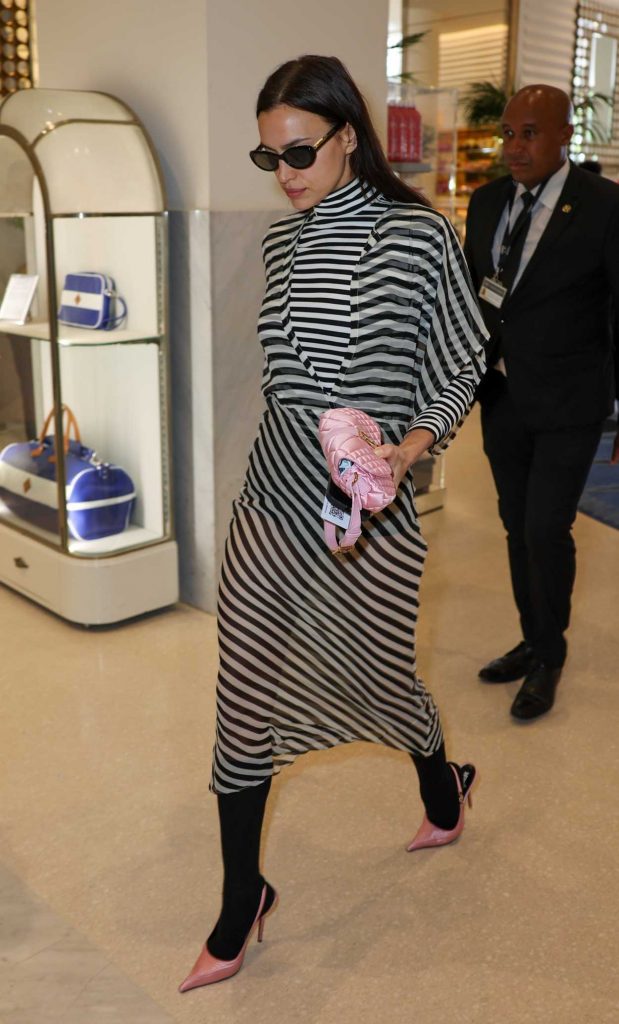 Irina Shayk in a Striped Dress