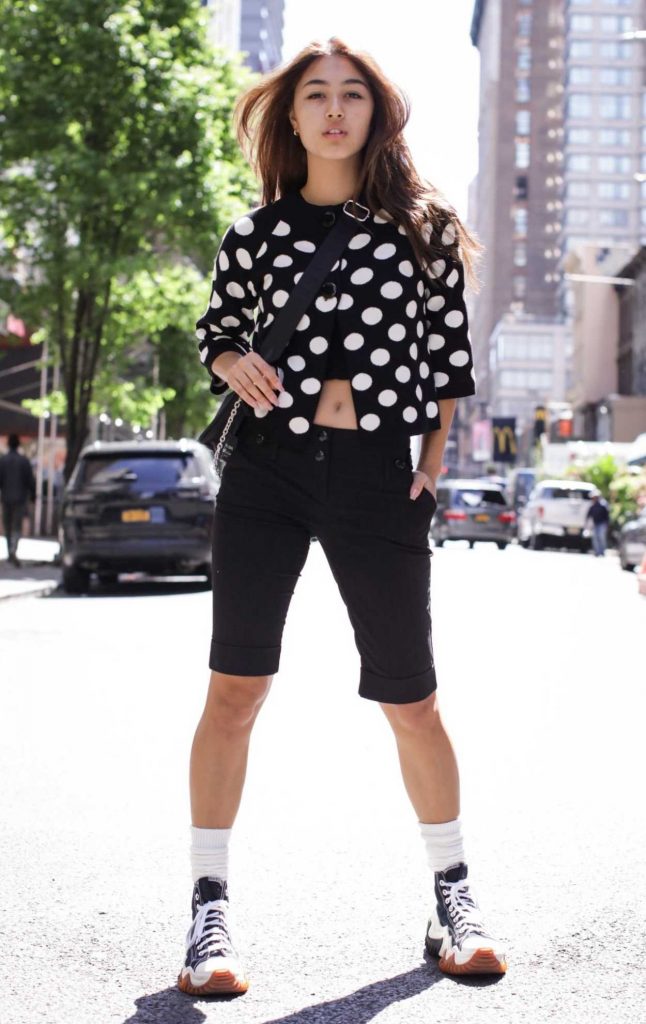 Kylin Milan in a Black Polka Dot Blouse Was Seen Out in New York City