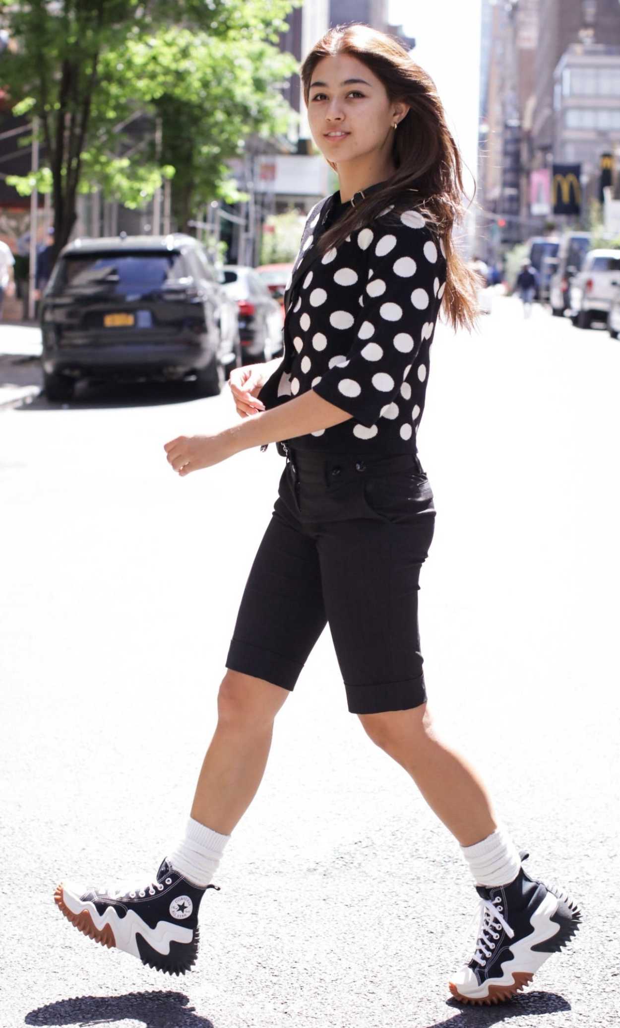 Kylin Milan in a Black Polka Dot Blouse Was Seen Out in New York City