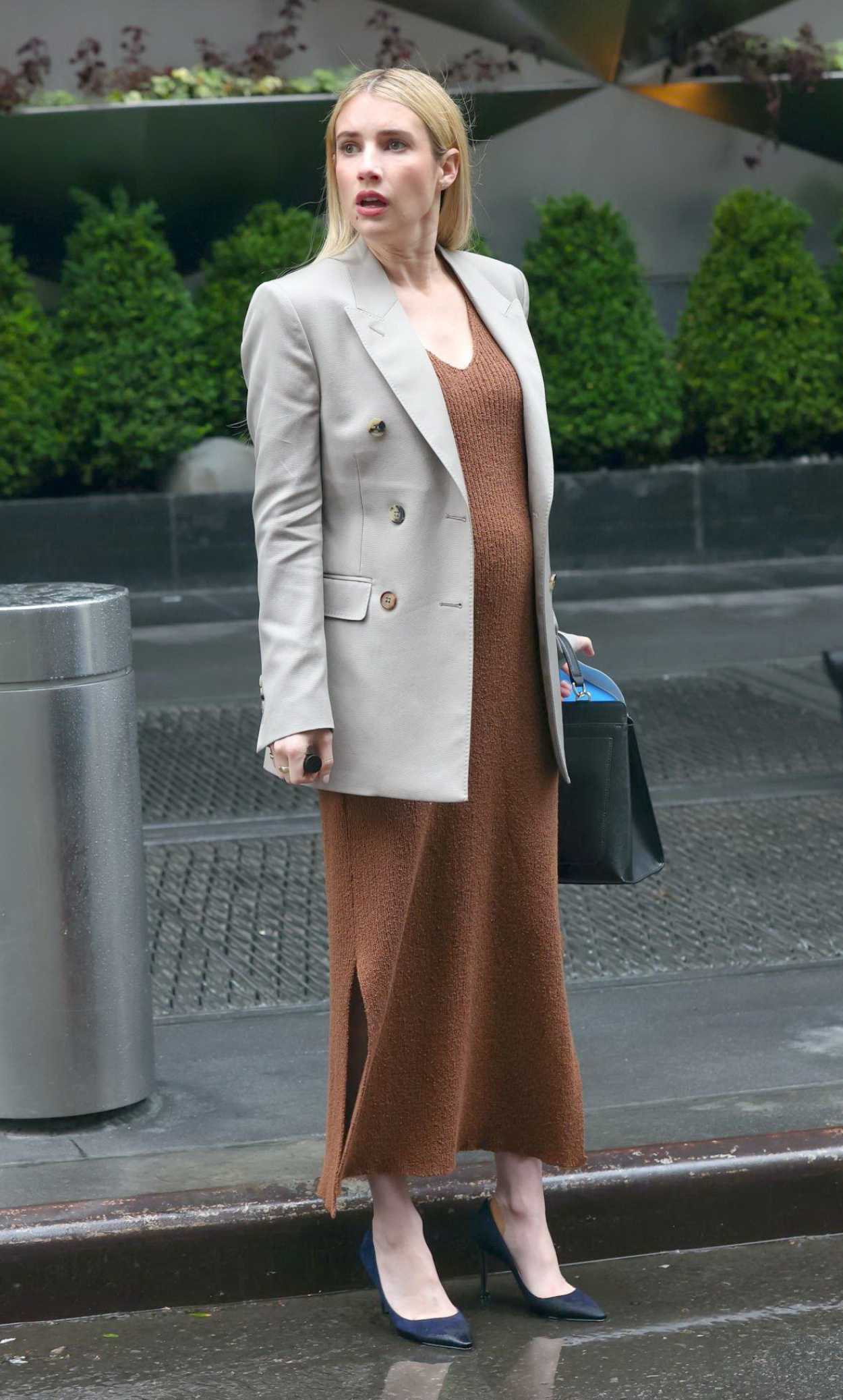 Emma Roberts in a Tan Dress on the Set of American Horror Story in NYC ...