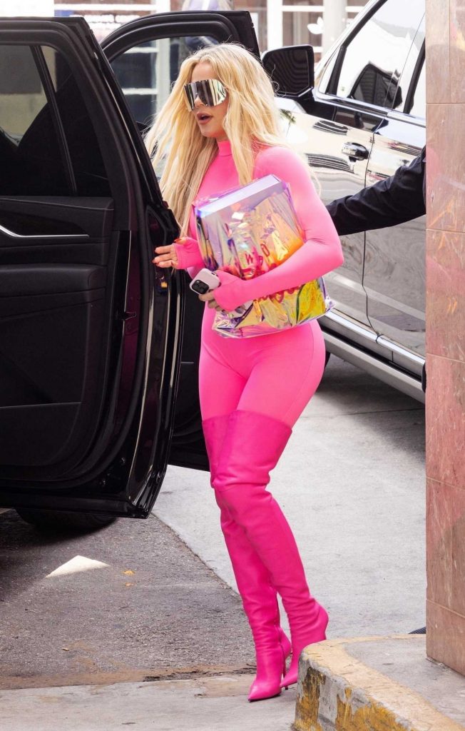 Khloe Kardashian in a Pink Catsuit
