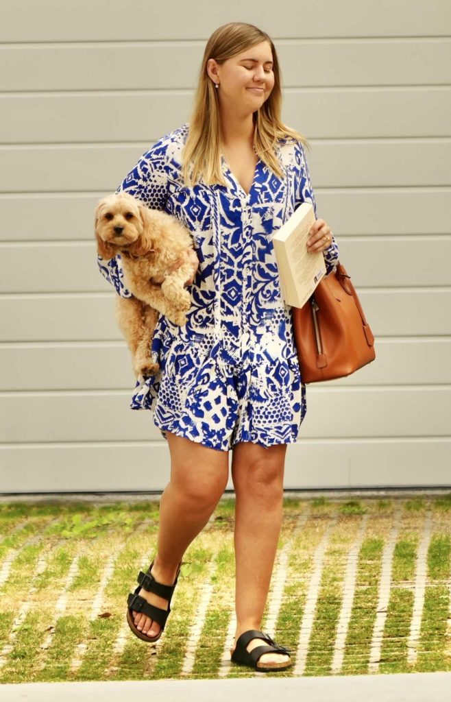 Brittany Higgins in a Blue Patterned Mini Dress