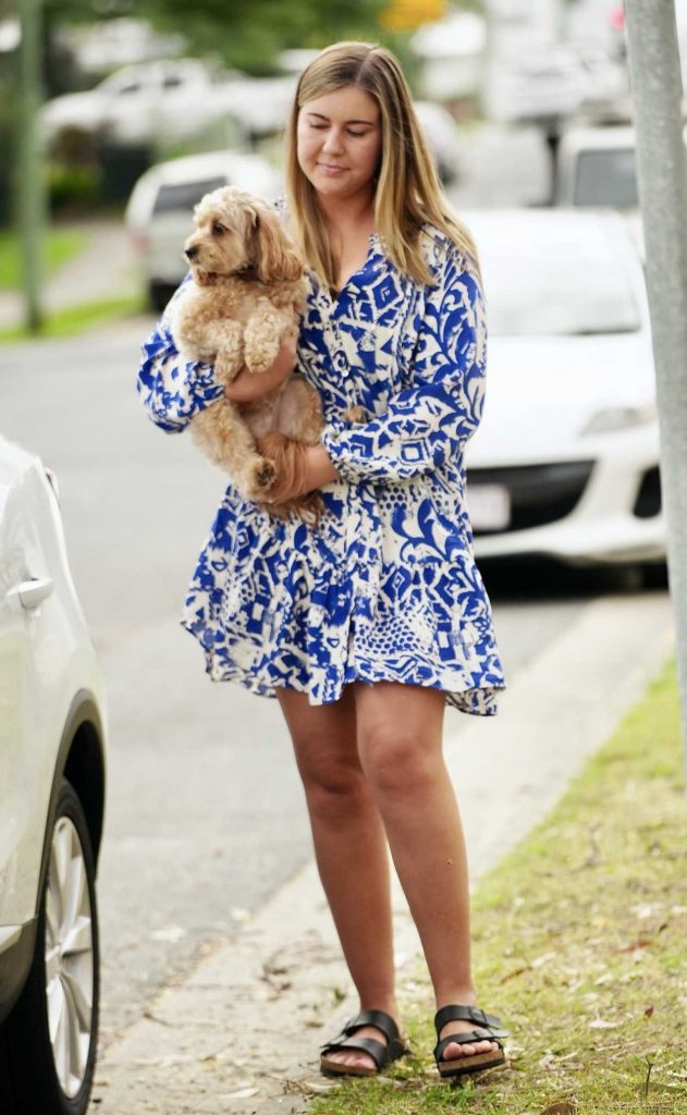 Brittany Higgins in a Blue Patterned Mini Dress