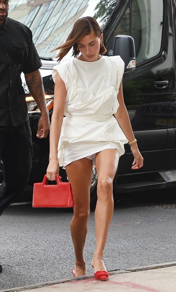 Hailey Bieber in a White Mini Dress