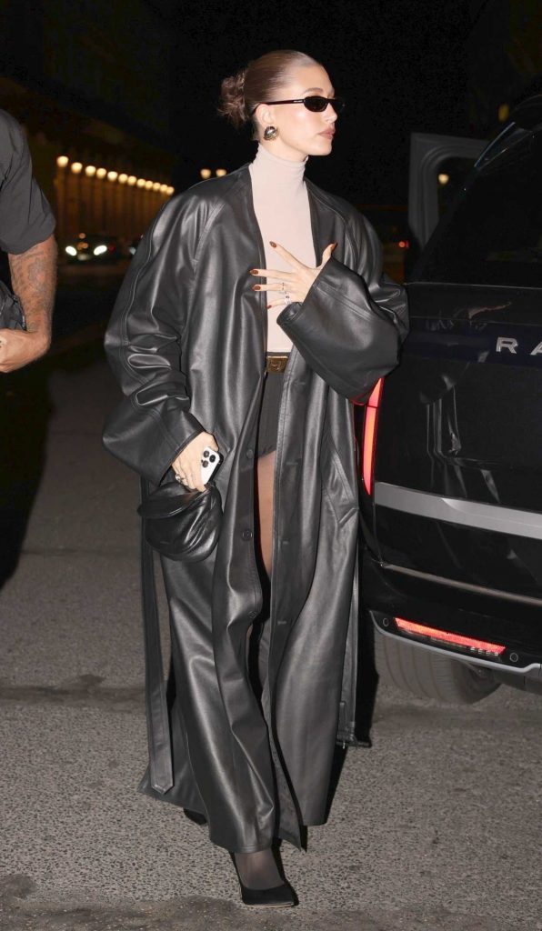Hailey Bieber in a Black Leather Coat
