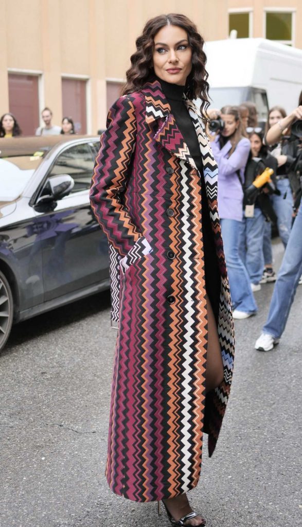 Paola Turani in a Geometric Pattern Print Trench Coat