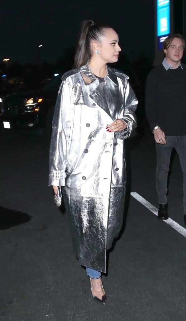 Sofia Carson in a Silver Leather Coat