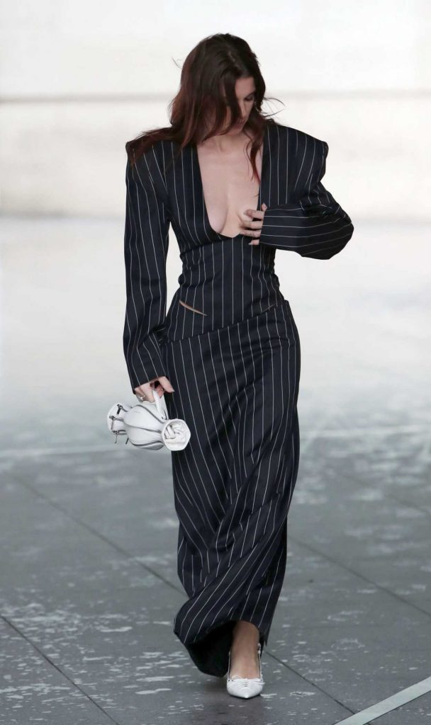 Julia Fox in a Black Striped Dress