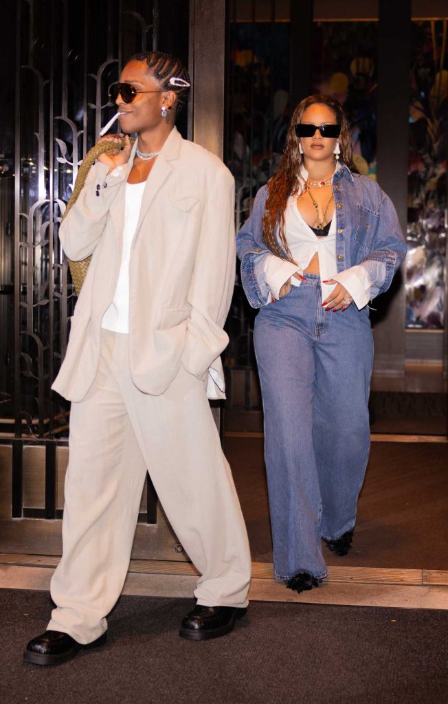 Rihanna in a Blue Denim Pantsuit
