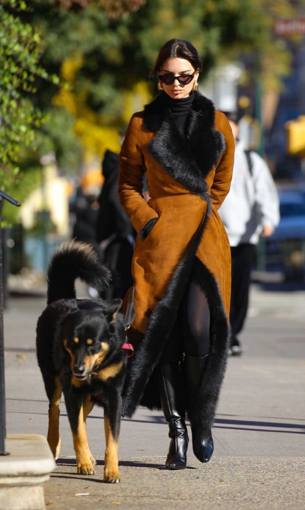 Emily Ratajkowski in an Orange Sheepskin Coat