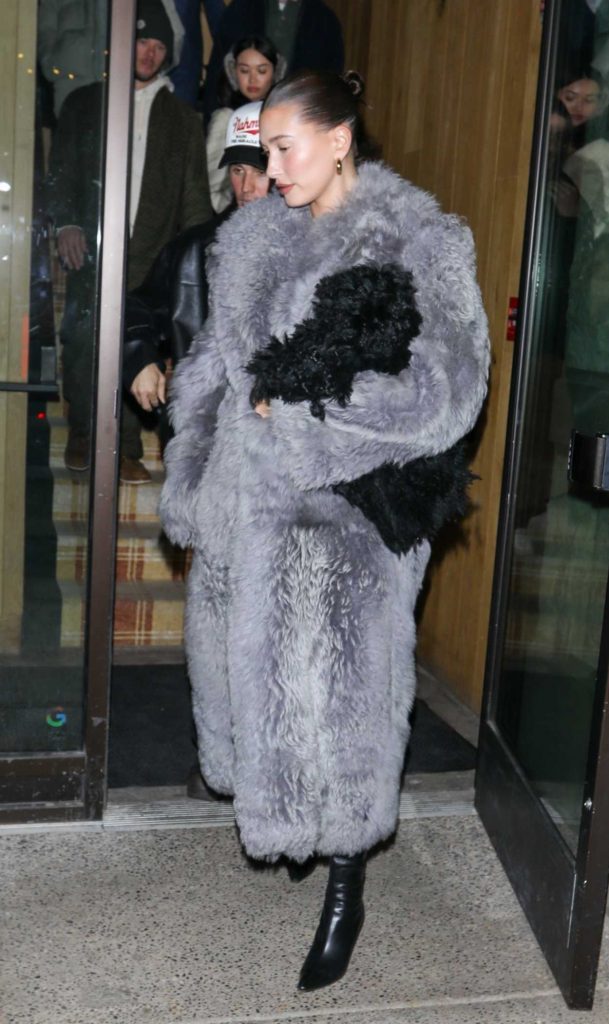 Hailey Bieber in a Grey Fur Coat